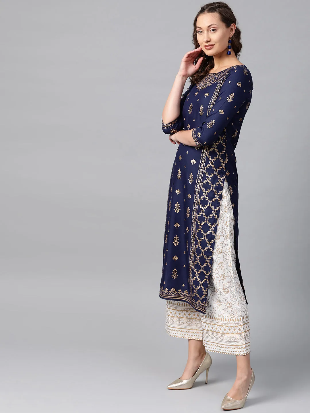 Anubhutee Navy Blue Foil Print A-Line Viscose Kurta with Palazzos