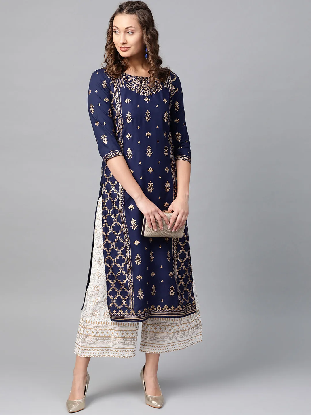 Anubhutee Navy Blue Foil Print A-Line Viscose Kurta with Palazzos