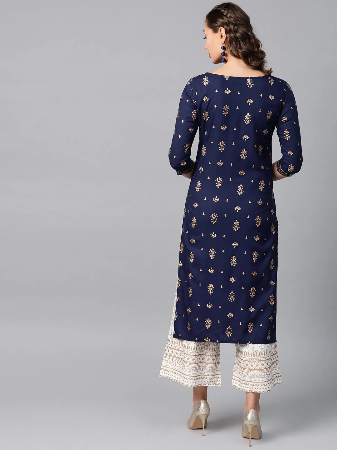 Anubhutee Navy Blue Foil Print A-Line Viscose Kurta with Palazzos