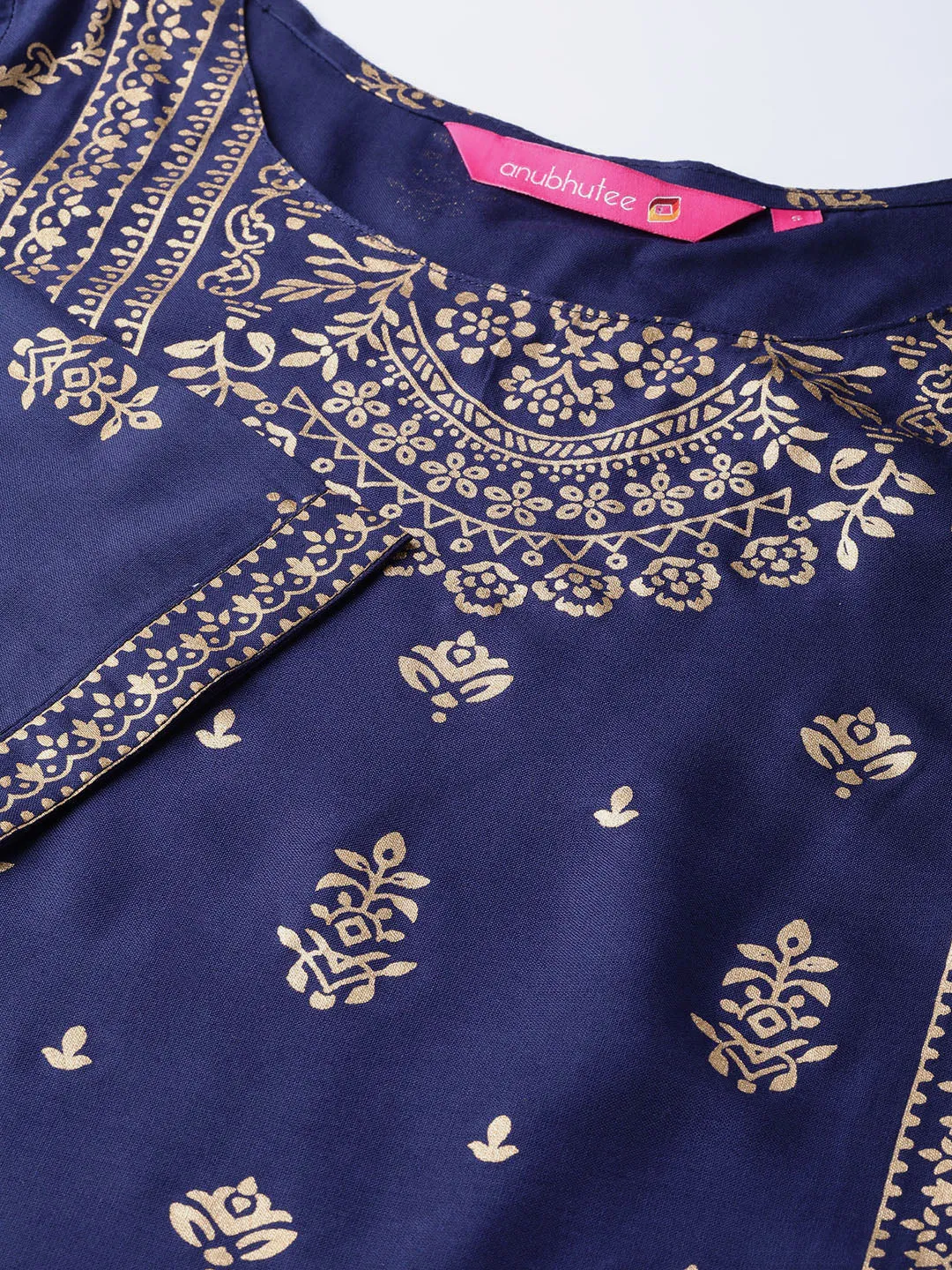 Anubhutee Navy Blue Foil Print A-Line Viscose Kurta with Palazzos