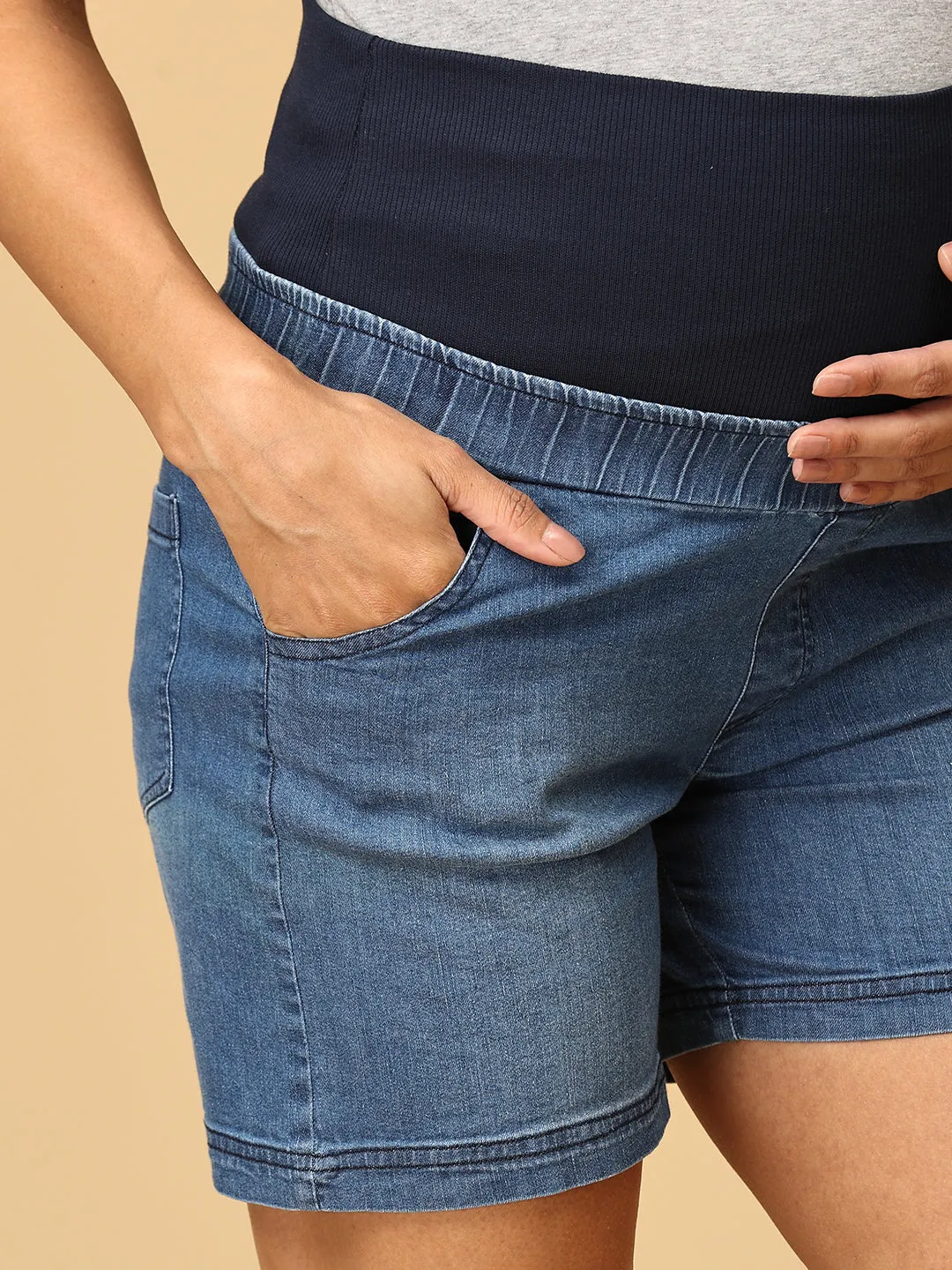 Blue Maternity Denim Shorts With Belly Support