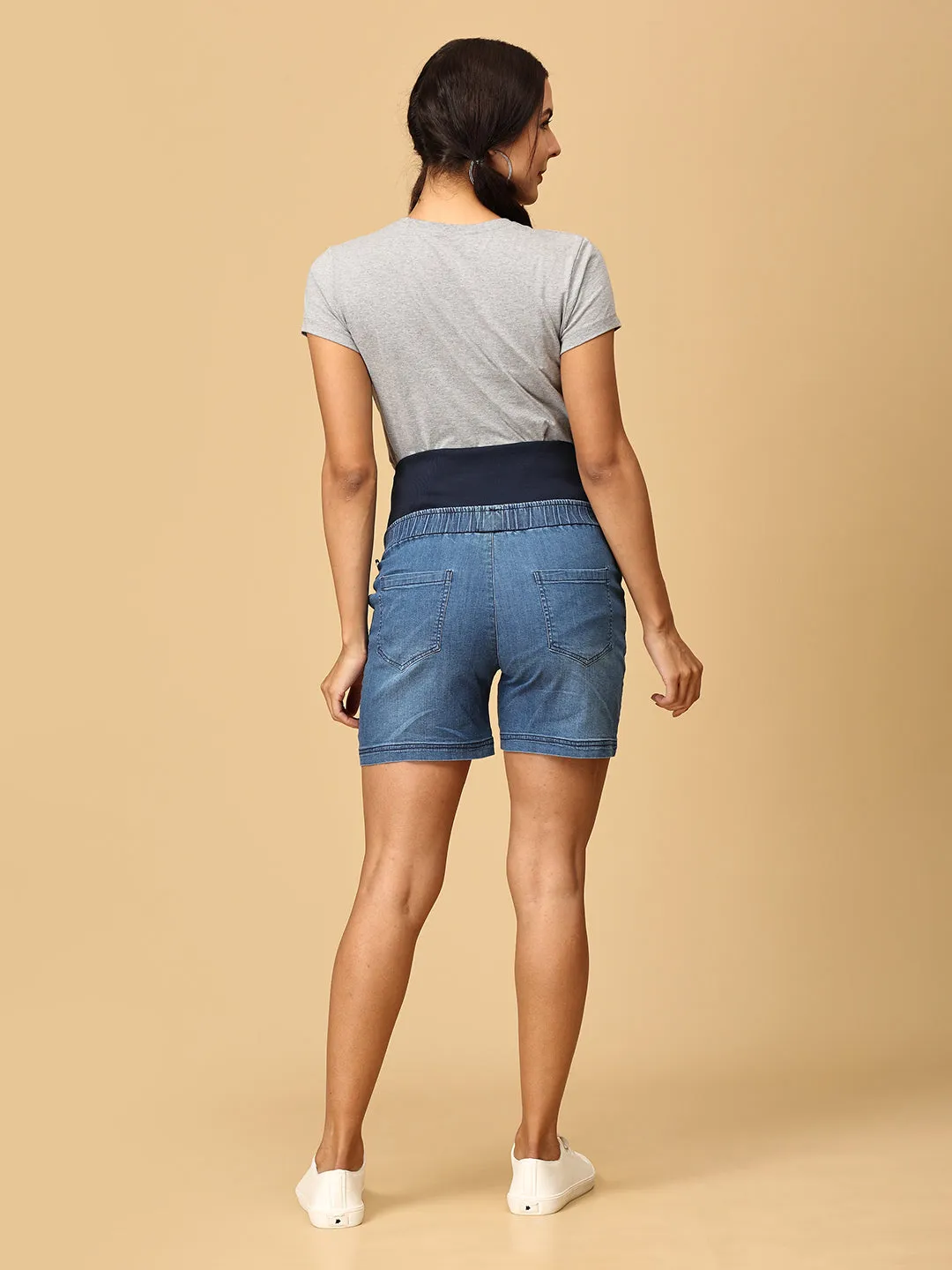 Blue Maternity Denim Shorts With Belly Support
