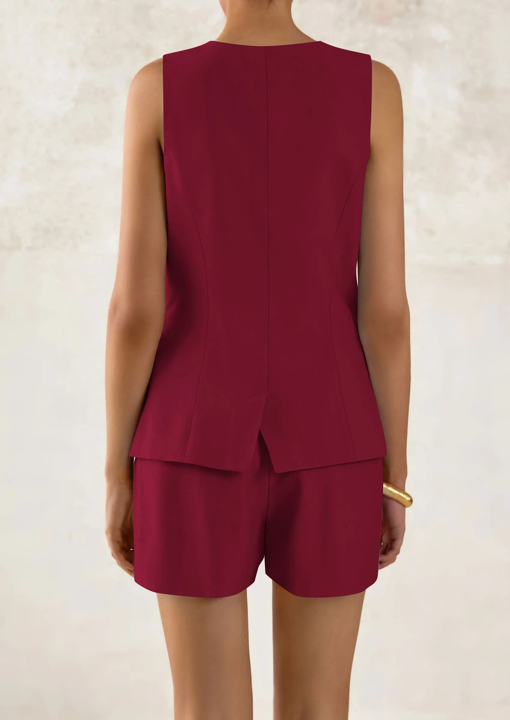 Casual Trendy Button Down Vest Tops High Waisted Shorts Business Two Piece Sets
