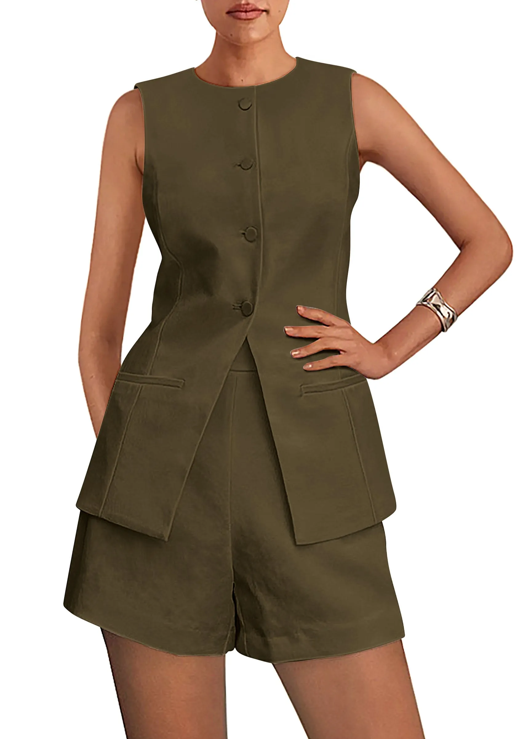 Casual Trendy Button Down Vest Tops High Waisted Shorts Business Two Piece Sets