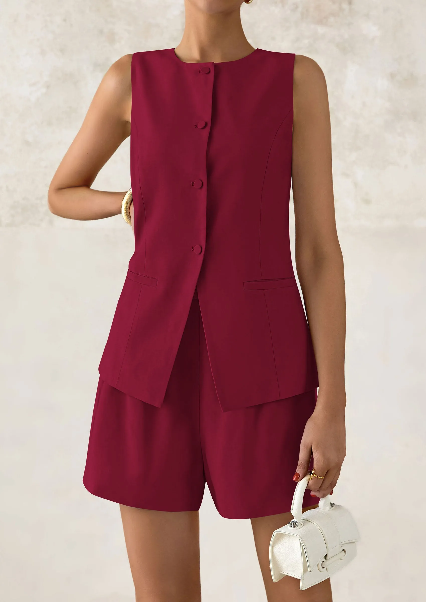 Casual Trendy Button Down Vest Tops High Waisted Shorts Business Two Piece Sets