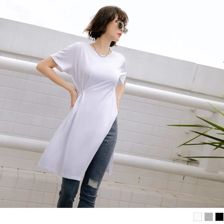 COTTON SIDE TUNIC SHORT SLEEVE LONGLINE TOPS