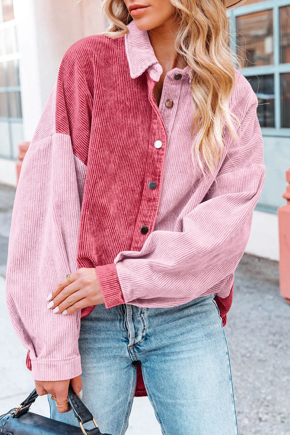 Drop Shoulder Colorblock Corduroy Shacket