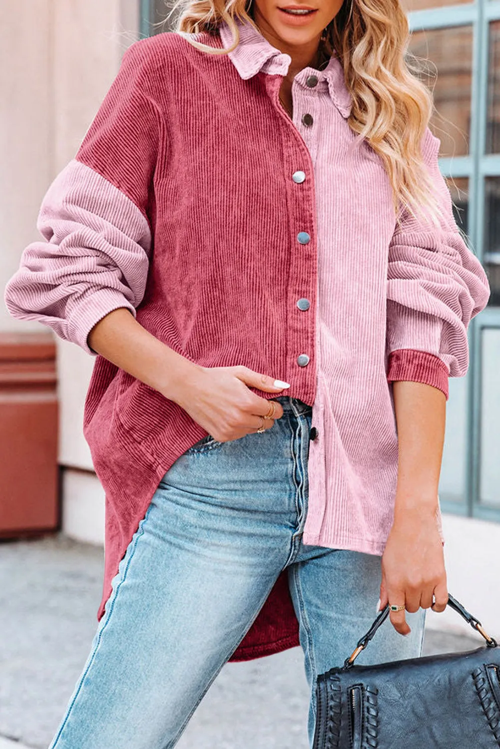 Drop Shoulder Colorblock Corduroy Shacket