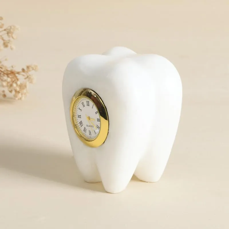 Grahvatika Tooth Shape Marble Table Clock, Unique Design Decorative Clock Showpiece, Ideal Gift for Dentists Day