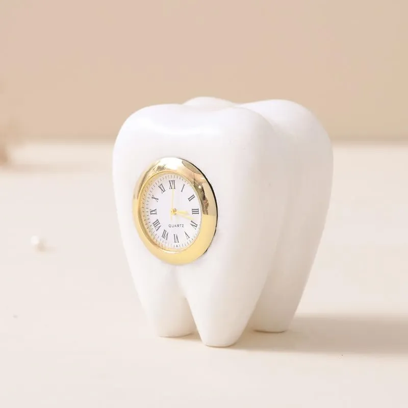 Grahvatika Tooth Shape Marble Table Clock, Unique Design Decorative Clock Showpiece, Ideal Gift for Dentists Day