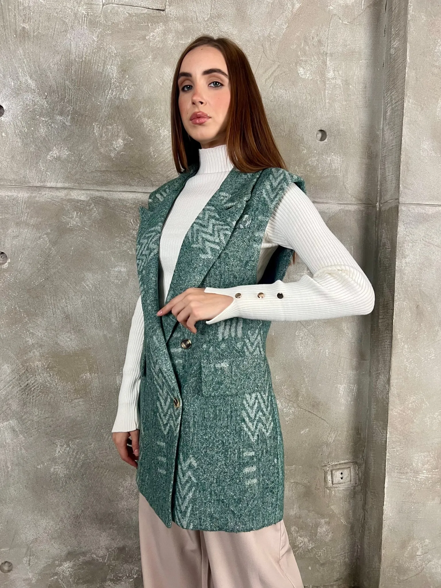 Green Wool Sleeveless Blazer