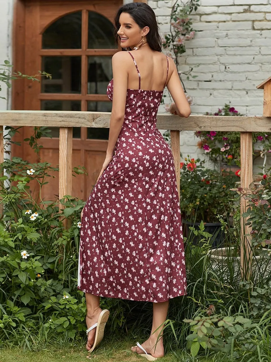 Low Cut Square Neckline Spaghetti Strap High Slit Summer Dress