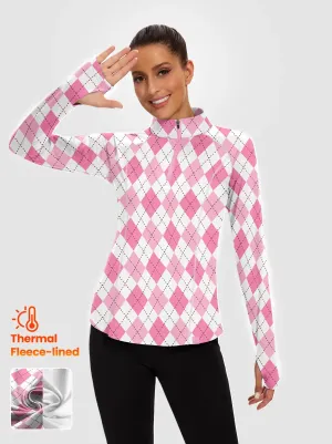 Pink Checkerboard Quarter-zip Long-sleeve Fleece Tops for Women