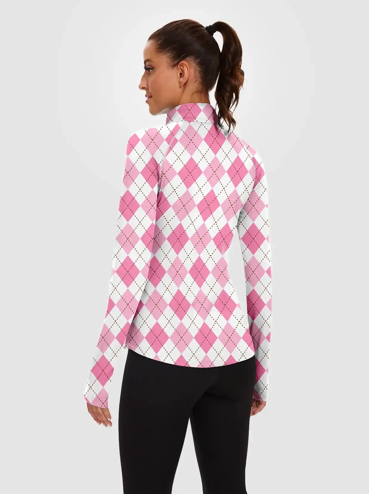 Pink Checkerboard Quarter-zip Long-sleeve Fleece Tops for Women