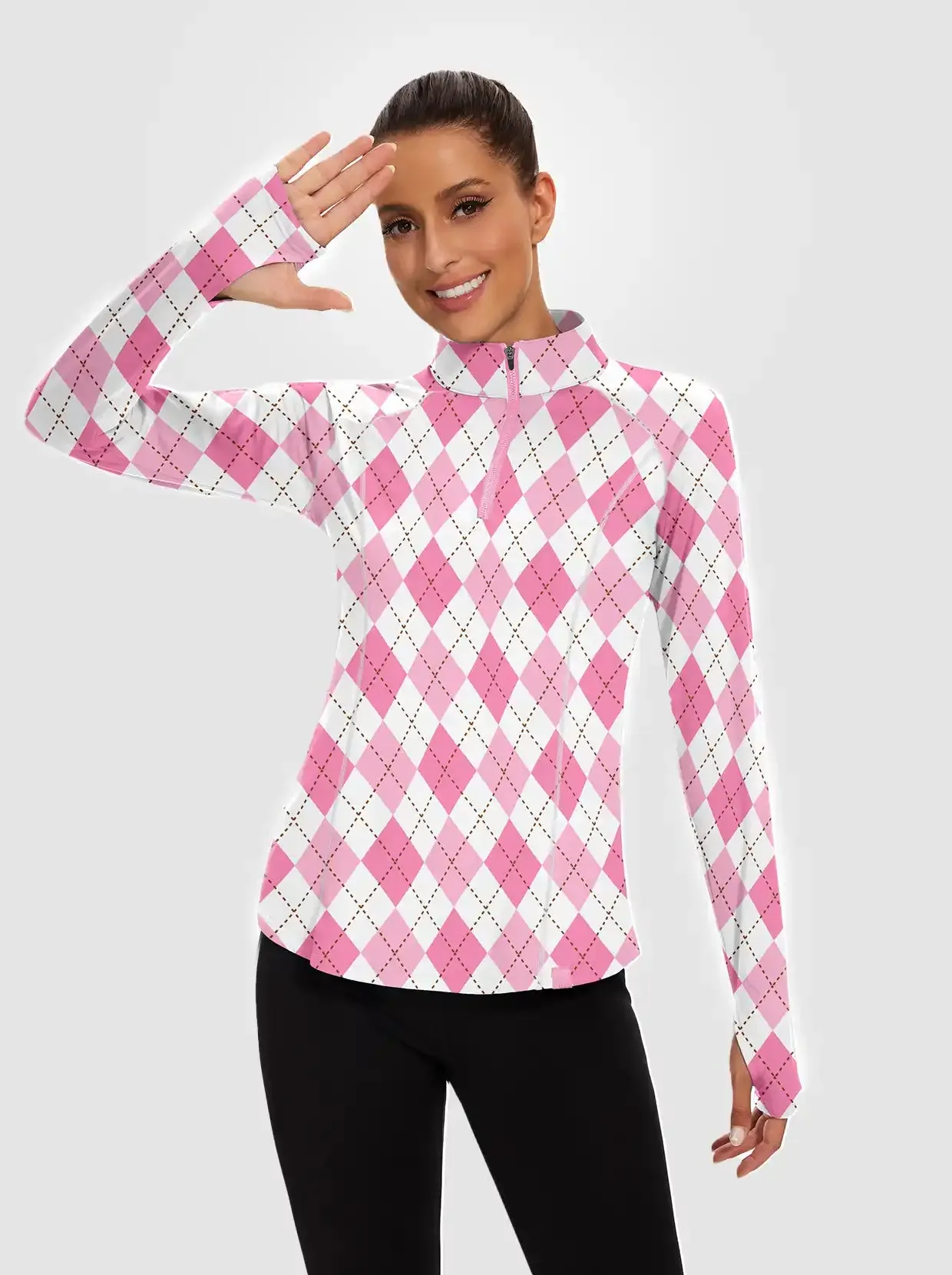 Pink Checkerboard Quarter-zip Long-sleeve Fleece Tops for Women