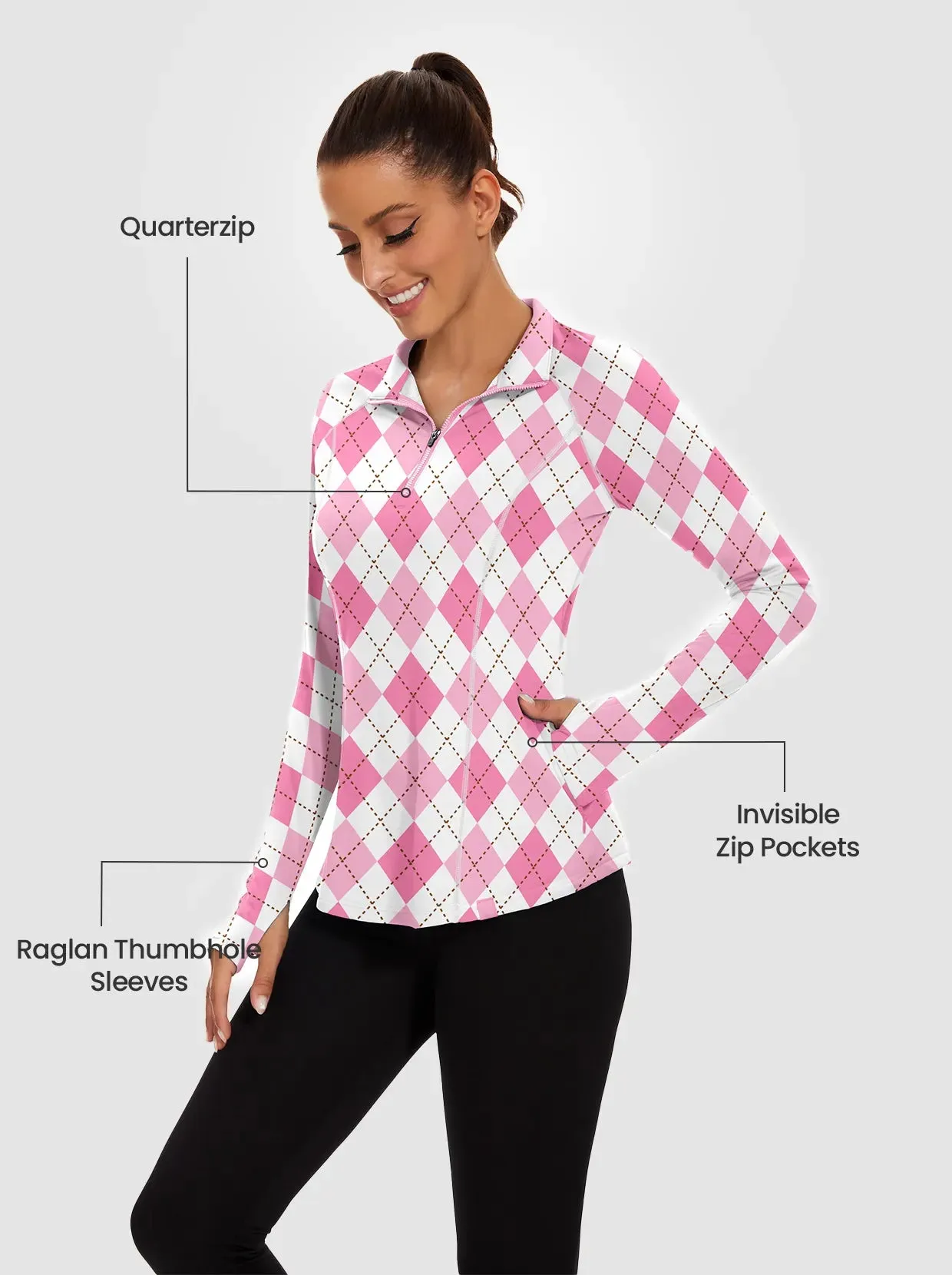 Pink Checkerboard Quarter-zip Long-sleeve Fleece Tops for Women