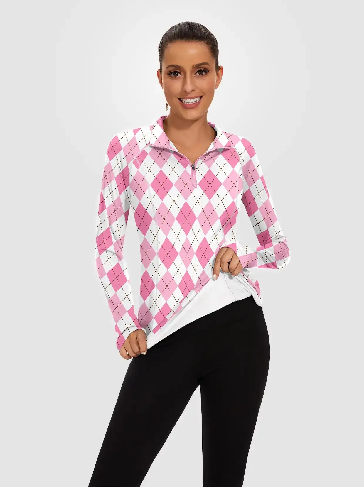 Pink Checkerboard Quarter-zip Long-sleeve Fleece Tops for Women