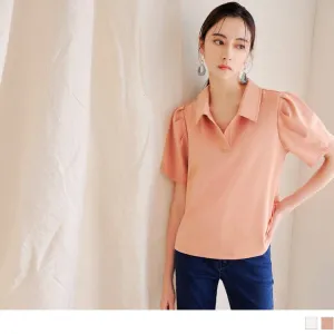 PURE COLOR KNIT PUFF SLEEVE COTTON TUNIC TOPS