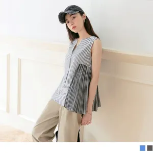 V-NECK STRIPED PATCHED SLEEVLESS A-LINE TOPS