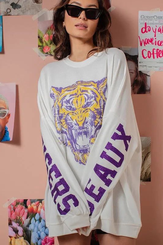 White Glitter Geaux Tigers Graphic Oversized Sweatshirt