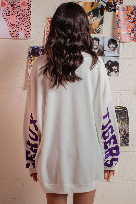 White Glitter Geaux Tigers Graphic Oversized Sweatshirt