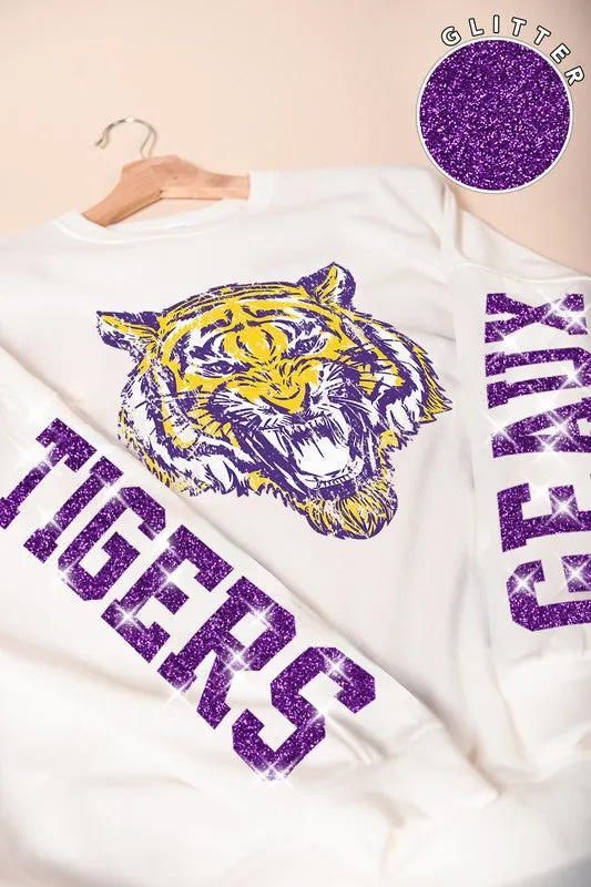White Glitter Geaux Tigers Graphic Oversized Sweatshirt