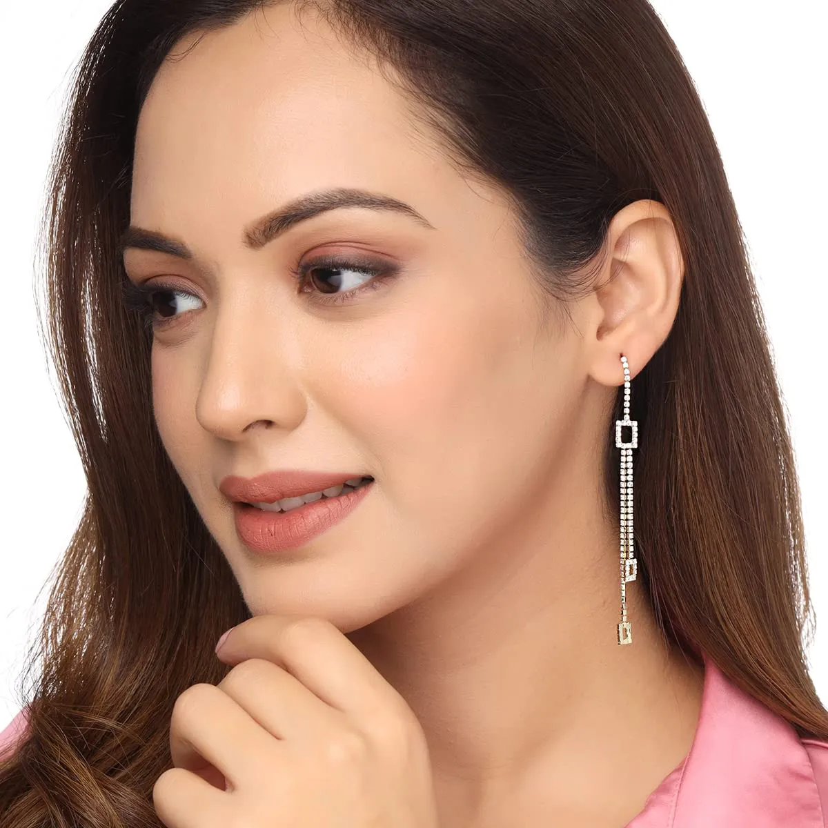 Yellow Chimes Earrings For Women Gold Tone Crystal Studded Long Elegant Chain Dangler Earrings For Women and Girls