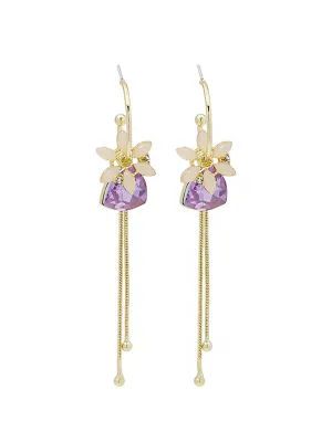 Yellow Chimes Earrings For Women Gold Tone Flower Designed Purple Crystal Long Chain Tassel Drop Dangler Earrings For Women and Girls