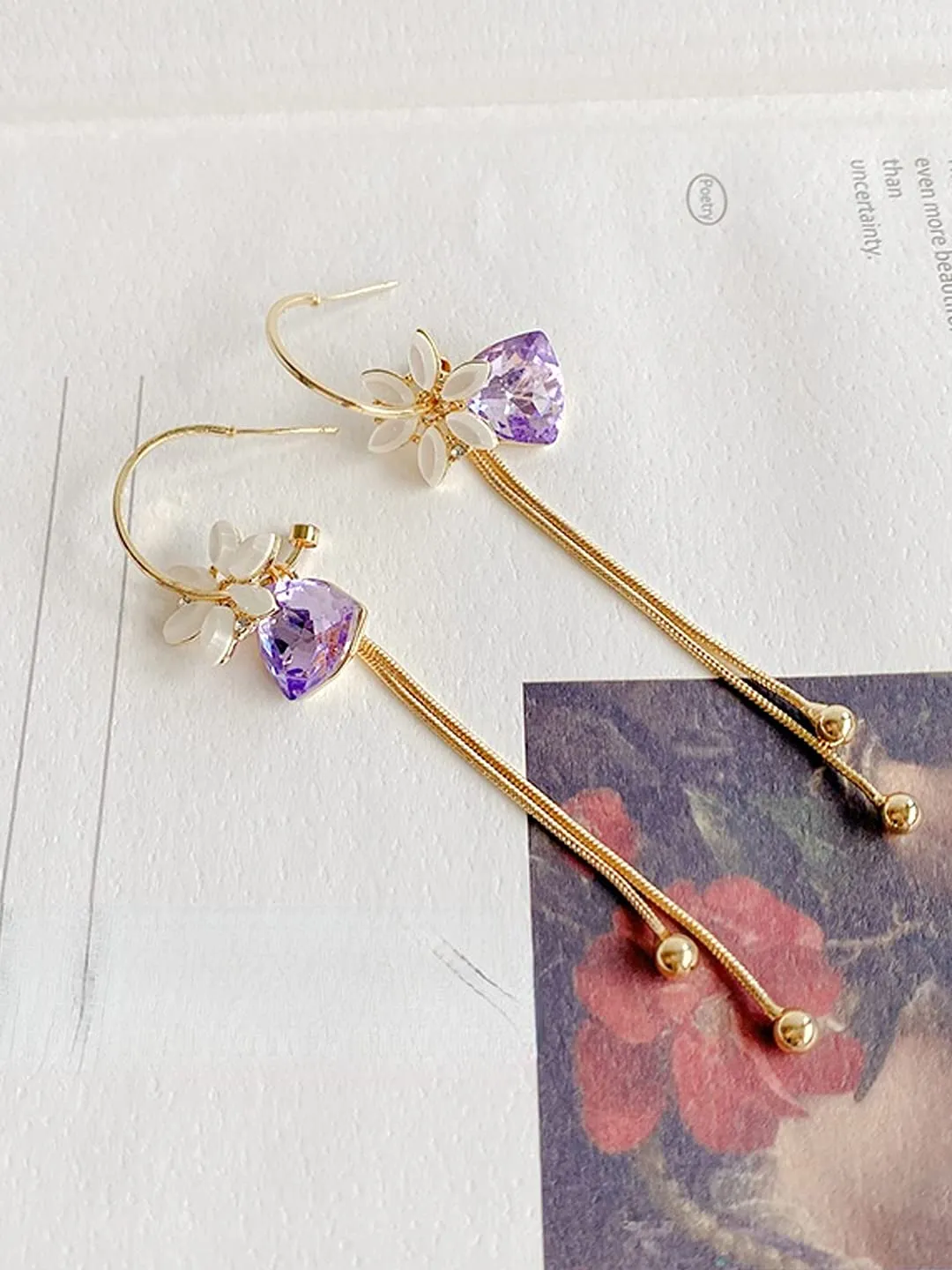 Yellow Chimes Earrings For Women Gold Tone Flower Designed Purple Crystal Long Chain Tassel Drop Dangler Earrings For Women and Girls